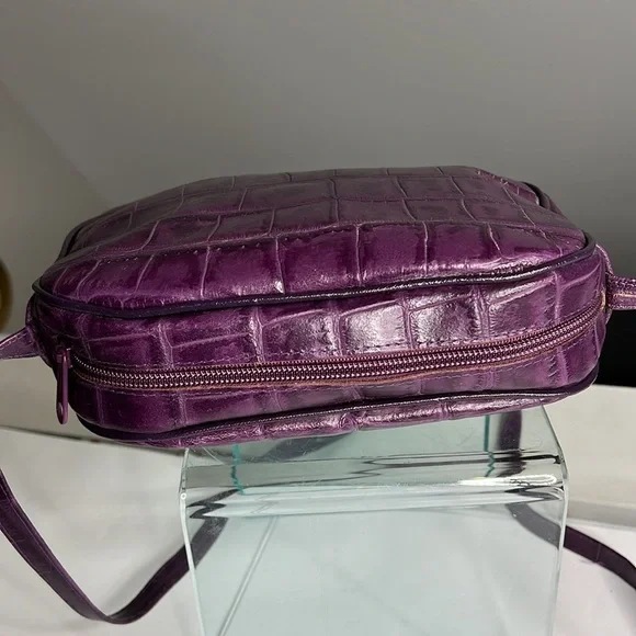 Purple Croc Embossed Leather Made in Italy Shoulder Crossbody Bag - Picture 8 of 14
